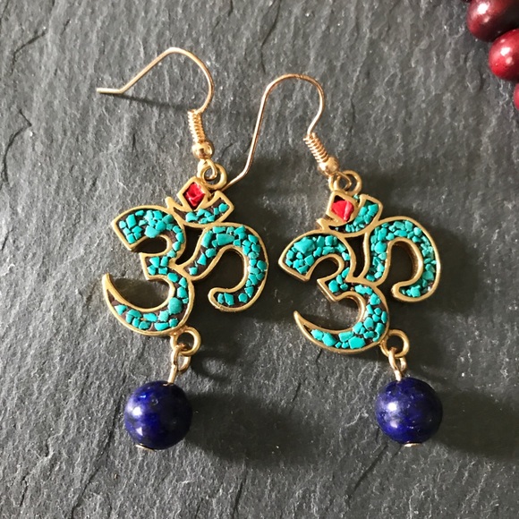 Jewelry - Brass OM lapis and Inlaid turquoise earrings